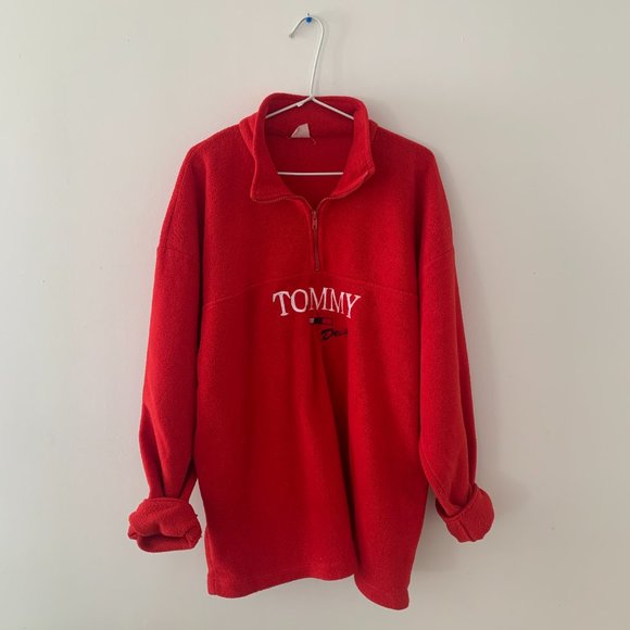 Vintage 90s Red Fleece Tommy Hilfiger Quarter Zip Large Comfy Sweater - Picture 2 of 3